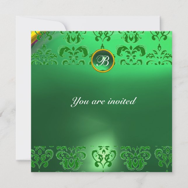 Invitation ÉMERALDE DAMASSÉ PIERRE PRÉCIEUSE MONOGRAMME vert (Devant)