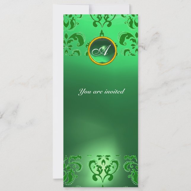 Invitation ÉMERALDE DAMASSÉ PIERRE PRÉCIEUSE MONOGRAMME vert (Devant)