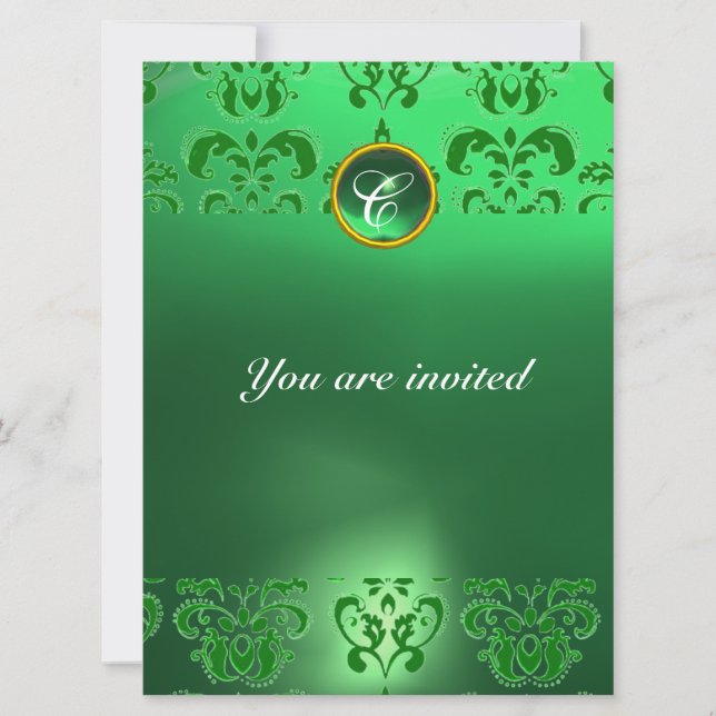 Invitation ÉMERALDE DAMASSÉ PIERRE PRÉCIEUSE MONOGRAMME vert (Devant)