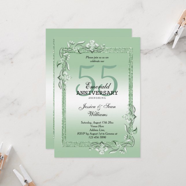 Invitation Émeraude Bijou & Paillettes 55e Mariage (Devant/Arrière en situation)