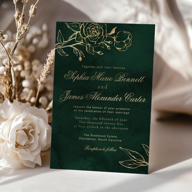 Invitation Émeraude botanique et or mariage élégant (Créateur téléchargé)