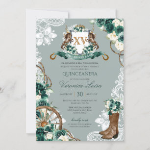 Invitation Émeraude Crête florale verte Charro Quinceanera