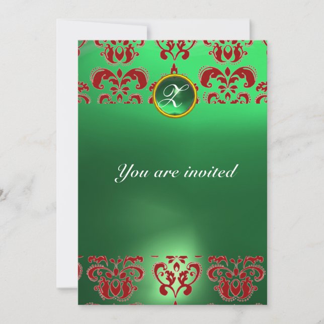 Invitation ÉMERAUDE DAMAS GEMME PIERRE MONOGRAMME vert rouge (Devant)