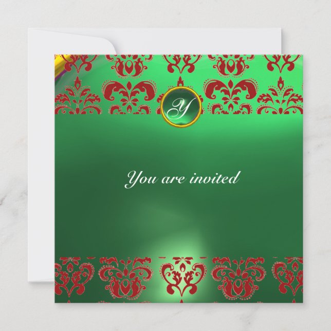 Invitation ÉMERAUDE DAMAS GEMME PIERRE MONOGRAMME vert rouge (Devant)