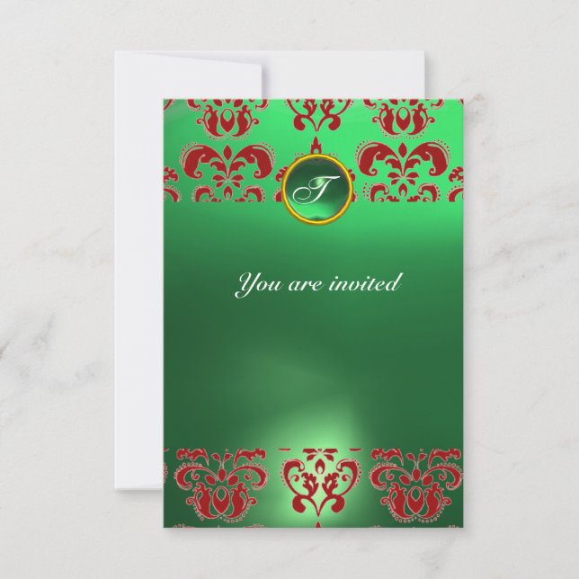 Invitation ÉMERAUDE DAMAS GEMME PIERRE MONOGRAMME vert rouge (Devant)