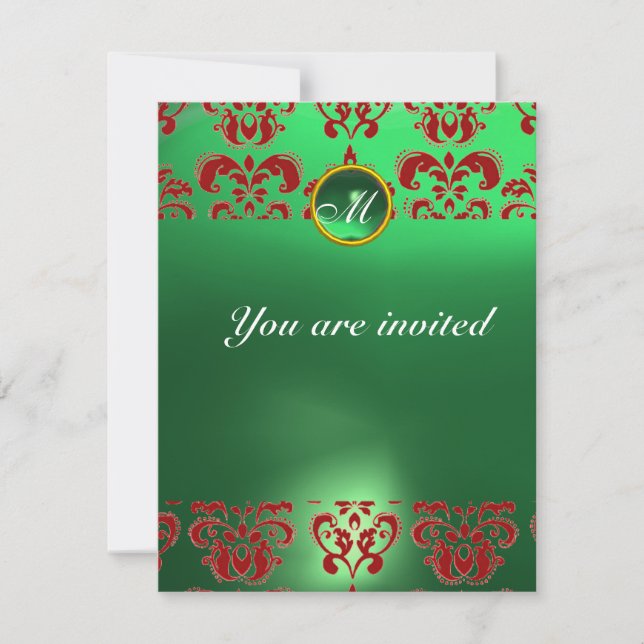 Invitation ÉMERAUDE DAMAS GRENAT PIERRE MONOGRAMME vert rouge (Devant)