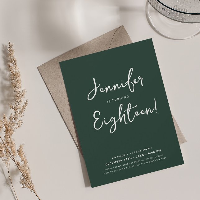 Invitation Émeraude d'anniversaire du 18ème Script minimal mo (Modern Minimal Script 18th Birthday Emerald Invitation)