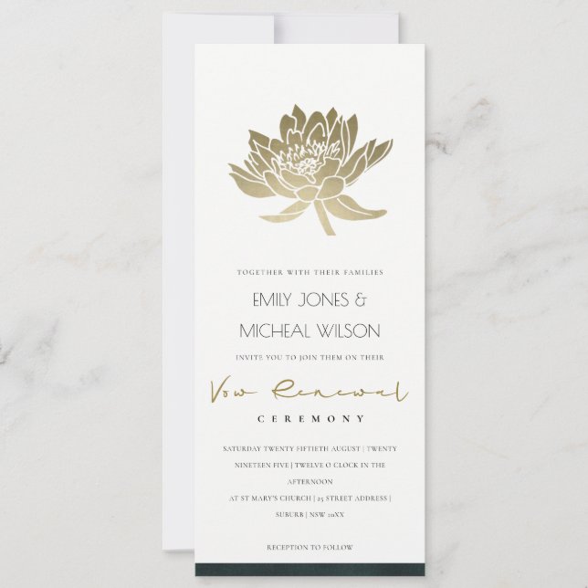 Invitation Émeraude d'or classique Vert Lotus Floral Vow Reno (Devant)