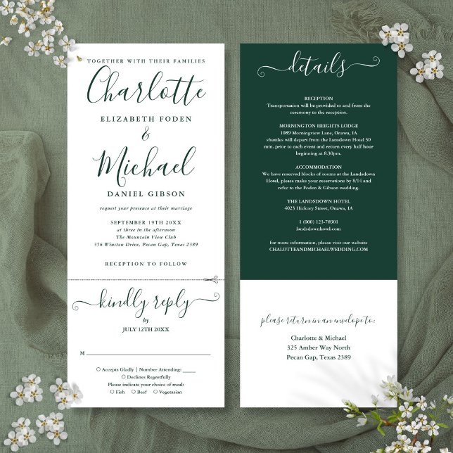 Invitation Émeraude Écran Vert Tout En Un Mariage (Emerald Green Script All In One Wedding Invitation)