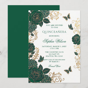 Invitation Émeraude Fleur de Papillon d'Or Quinceañera