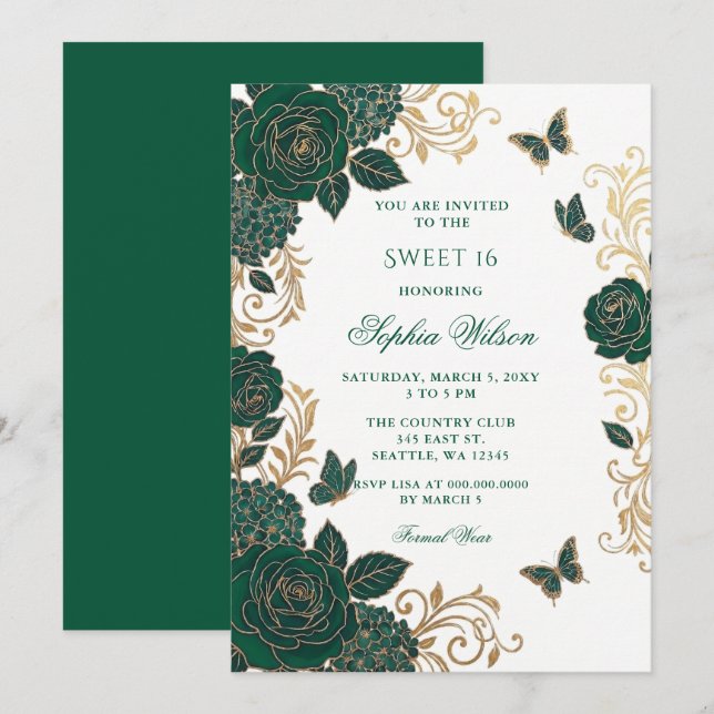 Invitation Emeraude Fleur Papillon Or Sweet 16 (Devant / Derrière)