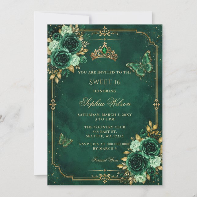 Invitation Emeraude Fleur Papillon Or Sweet 16 (Devant)