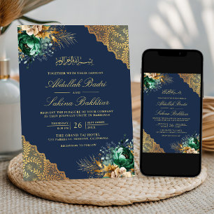 Invitation Émeraude Floral Or Lace Bleu Marine Mariage Musulm