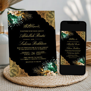 Invitation Émeraude Floral Or Lace Noir Mariage Musulman