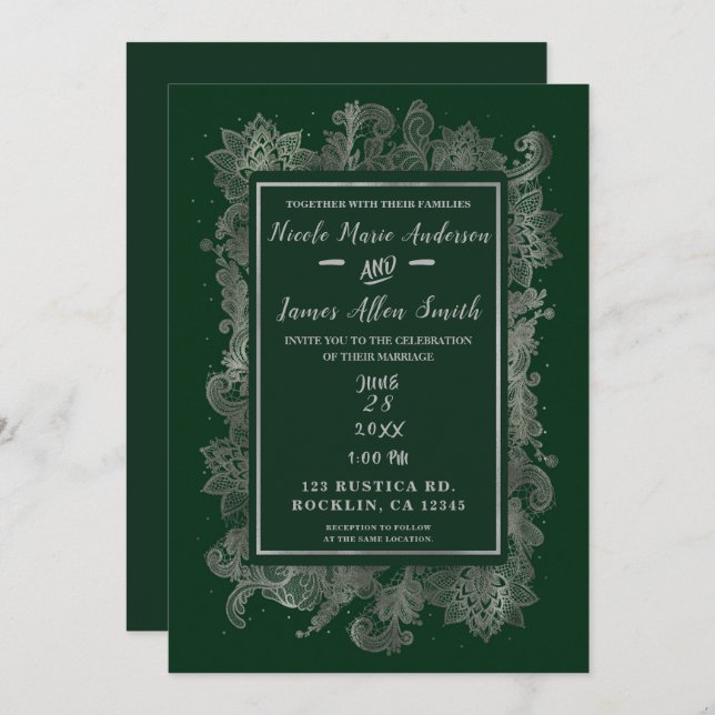 Invitation Émeraude foncée Vert et argent Élégant Mariage flo (Devant / Derrière)