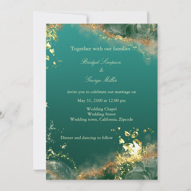 Invitation émeraude or vert bijou mariage (Devant)