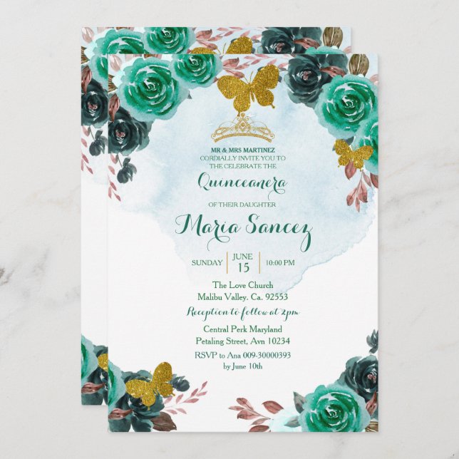 Invitation Émeraude Papillon vert Charra Mis Quince (Devant / Derrière)