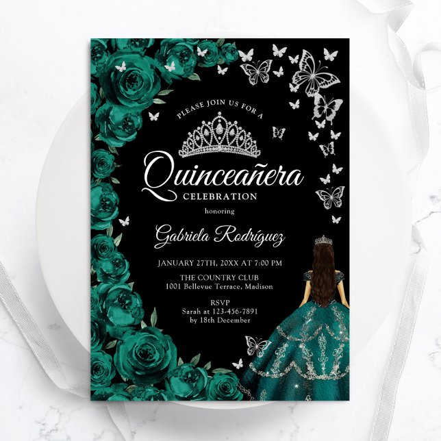 Invitation Émeraude Papillons Rose Quinceanera (Créateur téléchargé)
