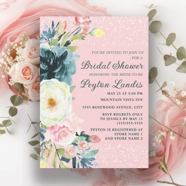 Invitation Emeraude rose verte Crème Florale Mariage (Pink bridal shower invitation with emerald green and cream-colored flowers.)