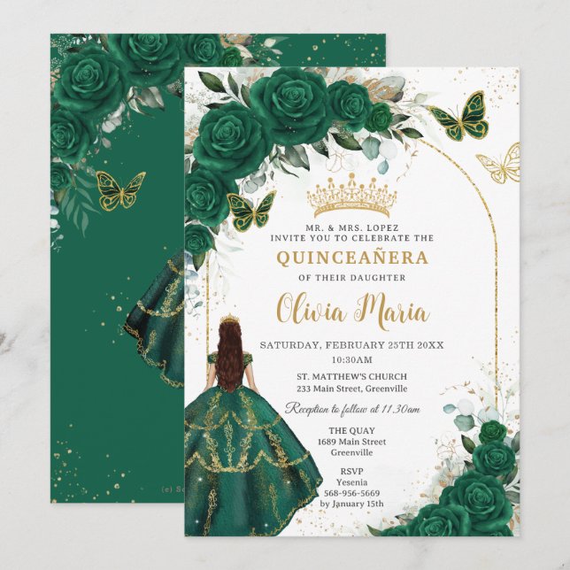 Invitation Émeraude Vert Arc Or Papillons Quinceañera (Devant / Derrière)