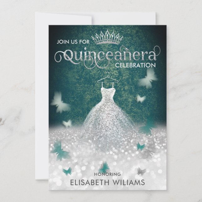 Invitation Émeraude Vert argent parties scintillant robe papi (Devant)