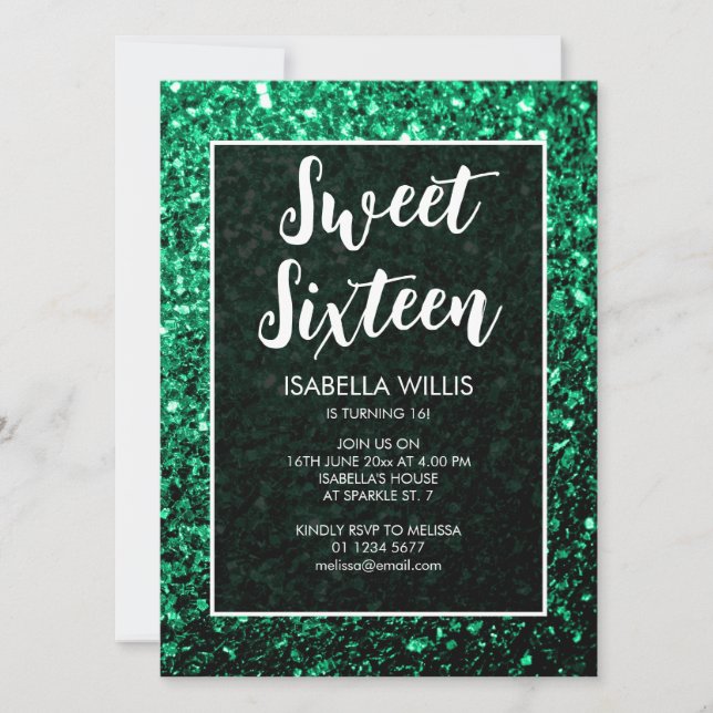 Invitation Émeraude vert émeraude Sweet 16 élégant script (Devant)