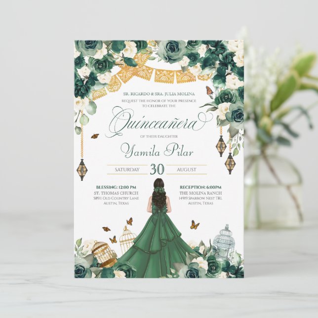 Invitation Émeraude Vert Floral Papillon Élégant Quinceanera (Debout devant)
