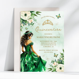 Invitation Émeraude Vert Floral Robe Papillon Quinceañera
