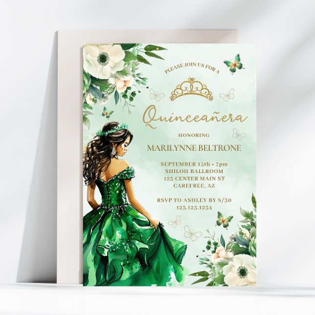 Invitation Émeraude Vert Floral Robe Papillon Quinceañera (Créateur téléchargé)