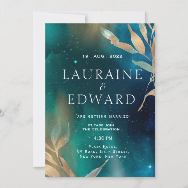 Invitation Émeraude vert nébuleuse galaxie nuit ciel doré feu (Devant)