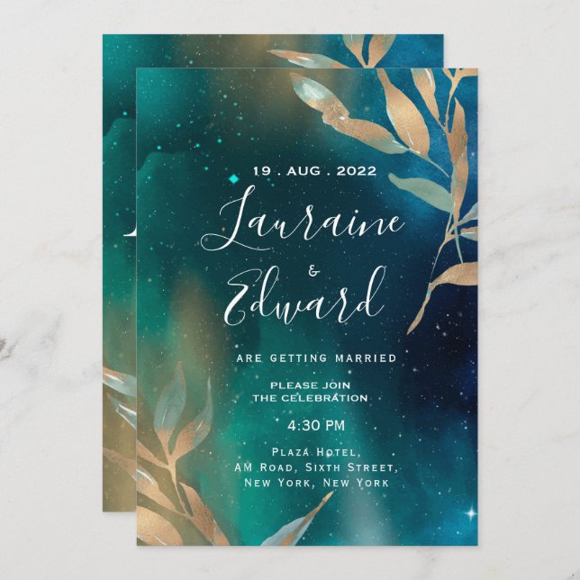 Invitation Émeraude vert nébuleuse galaxie nuit ciel doré feu (Devant / Derrière)