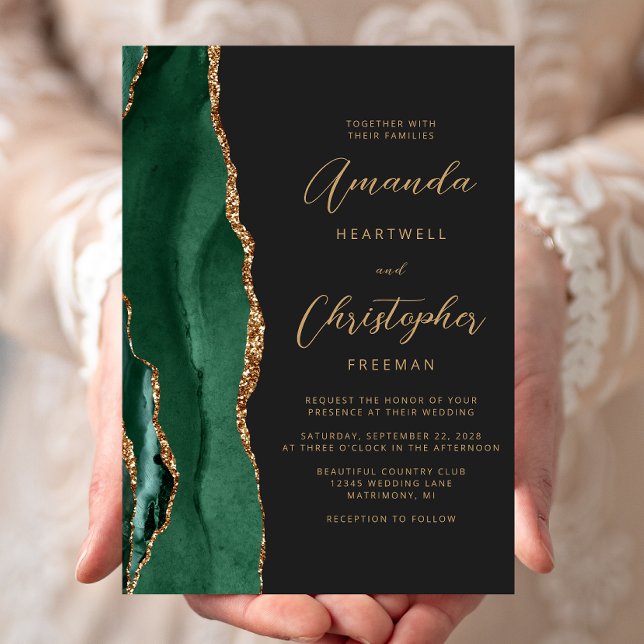 Invitation Émeraude Vert or chic Agate Script Mariage foncé (Créateur téléchargé)
