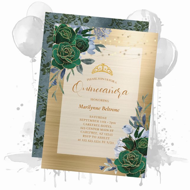Invitation Émeraude Vert Or Floral Quinceañera (Créateur téléchargé)