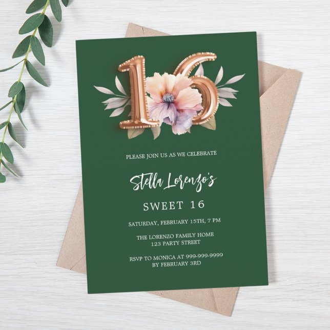 Invitation Émeraude vert or pêche floral Sweet 16 luxe (Créateur téléchargé)