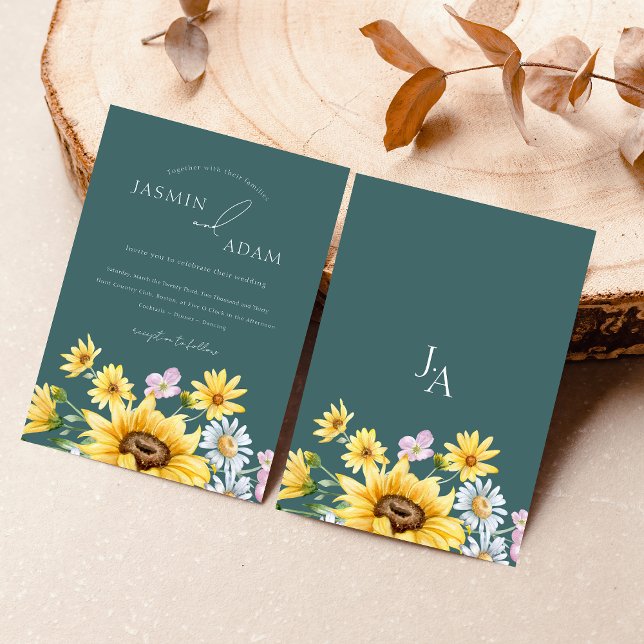 Invitation Émeraude Vert tournesol Monogramme Mariage (Summer Emerald Green Sunflowers Monogram Wedding Invitation)