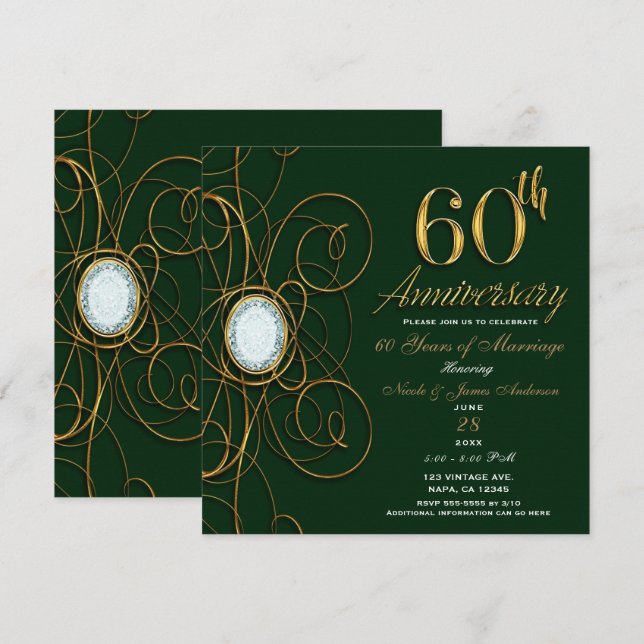 Invitation Émeraude verte et diamant or 60 60e anniversaire (Devant / Derrière)