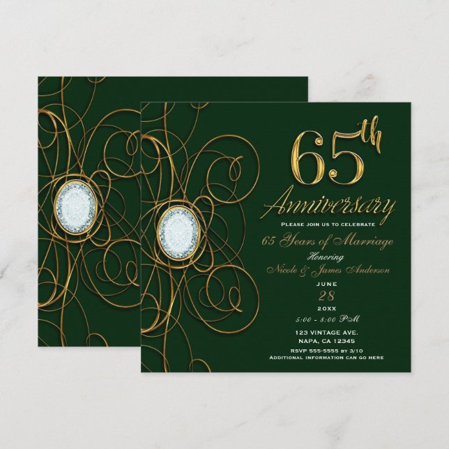 Invitation Émeraude verte et diamant or 65 65e anniversaire (Devant / Derrière)