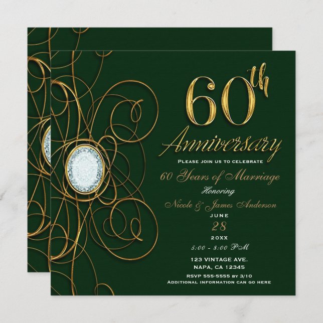 Invitation Emeraude verte et or diamant 60 60e anniversaire (Devant / Derrière)