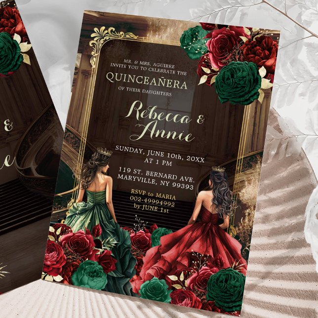 Invitation Émeraude verte et quinceañera rouge bordeaux (Créateur téléchargé)