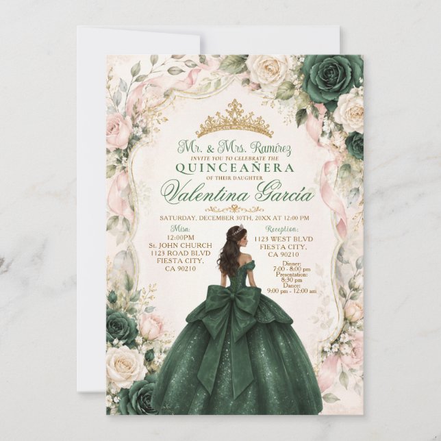 Invitation Émeraude verte et rose blush Quinceañera (Devant)