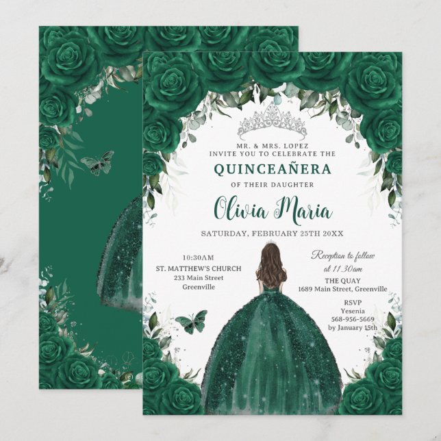 Invitation Emeraude verte Fleur Princesse Argent Quinceañera (Devant / Derrière)
