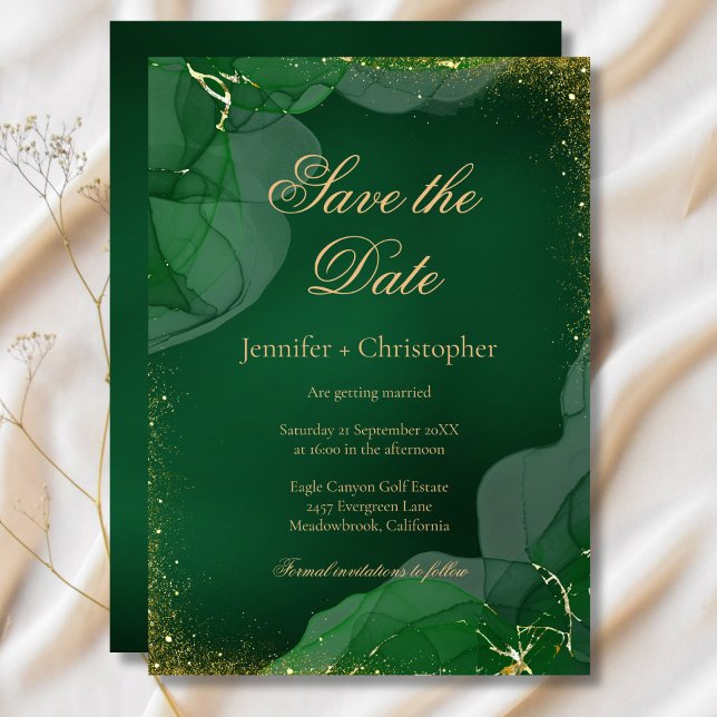 Invitation Émeraude Verte Or Marbre Mariage Enregistrer La Da (Emerald Green Gold Marble Wedding Save The Date Invitation)