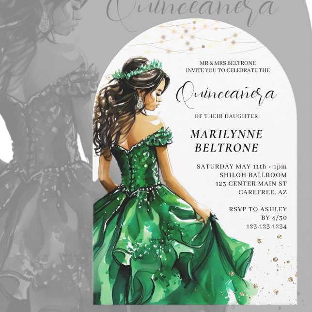Invitation Emeraude verte Princesse d'or Quinceañera (Créateur téléchargé)