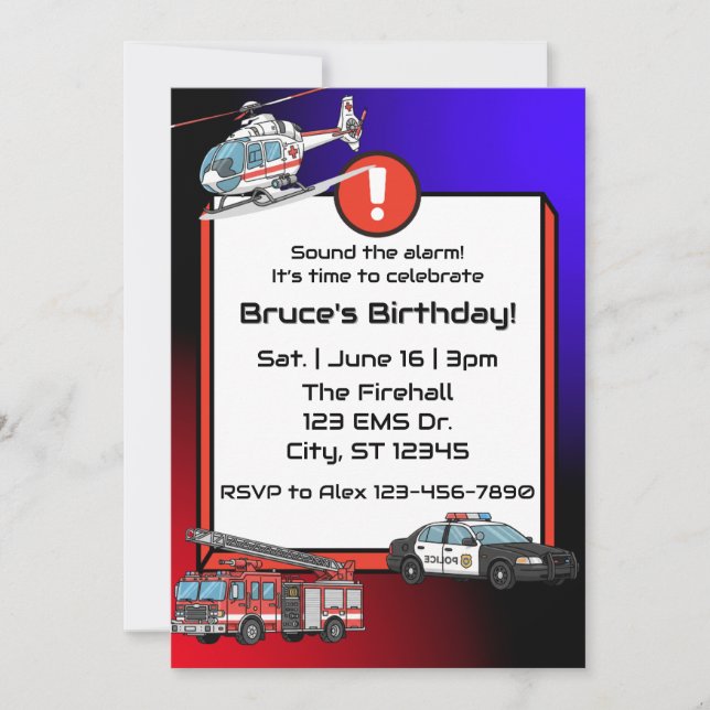 Invitation Emergency Vehicles Birthday  (Devant)