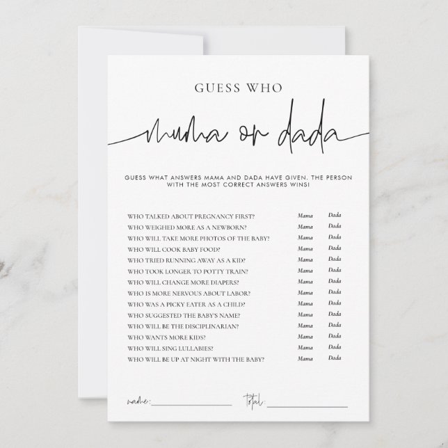 Invitation EMERY Whimsi Mama ou Dada Baby shower Game Card (Devant)