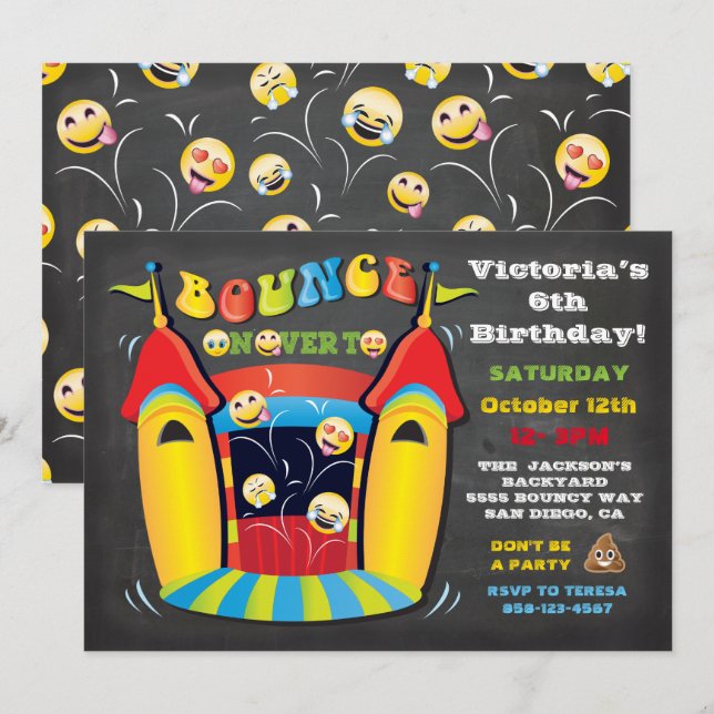 Invitation Emoji Chalkboard Bounce House fête d'anniversaire (Devant / Derrière)