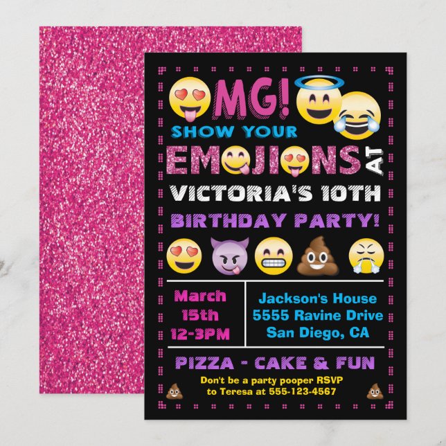 Invitation Emoji Parties scintillant rose Anniversaire Fête I (Devant / Derrière)