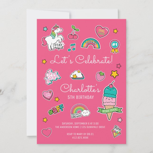 Invitation Emoji rose Anniversaire Unicorn Girl (Devant)