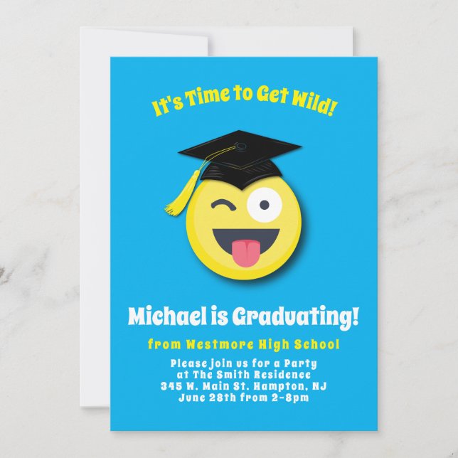 Invitation Emoticon Wild Face mignon fête de graduation (Devant)
