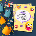 Invitation Emotion moderne brillante et amusante thème 10e an<br><div class="desc">Célébrez la journée spéciale de votre enfant avec cette invitation de 10e anniversaire, à thème émoji et ludique! Avec un joyeux arrière - plan jaune, des visages émoticônes ludiques et des accents violets audacieux, cette invitation est parfaite pour une ambiance de fête moderne et animée. Le design comprend des émoticônes...</div>